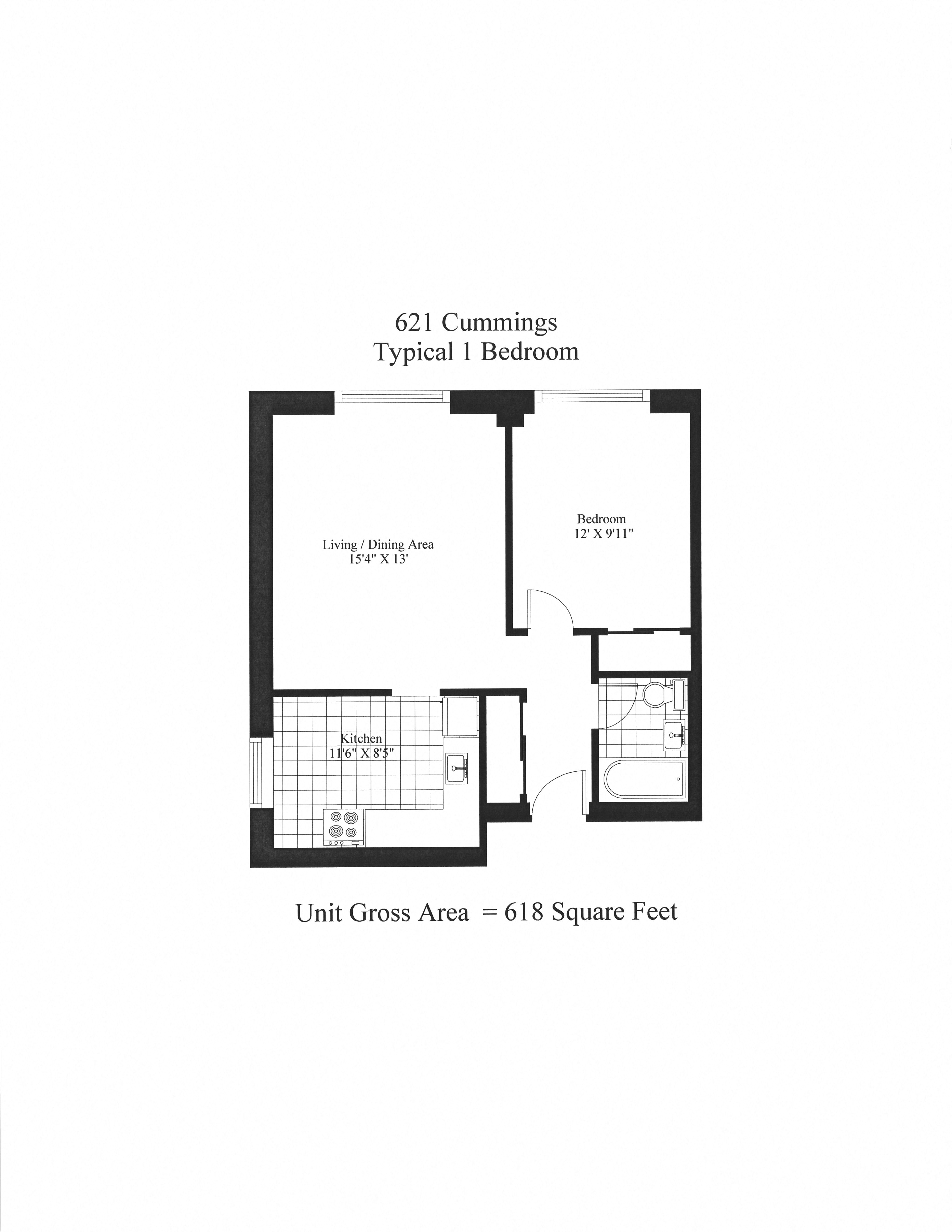 Floor plan for 1 bed, 1 bath, 520 sqft